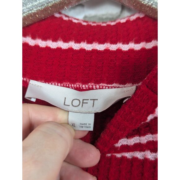 LOFT Striped Waffle-Knit Mock Neck Sweater Red White Transitional Size XL - Picture 6 of 8